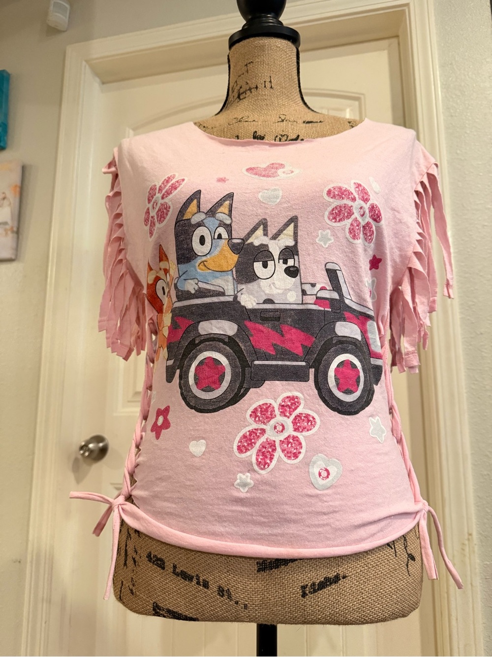 Pink Bluey Upcycled Fringe Tee – Size Small
